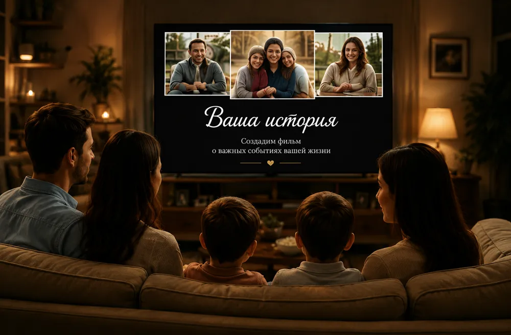 Семья смотрит фильм о своей истории